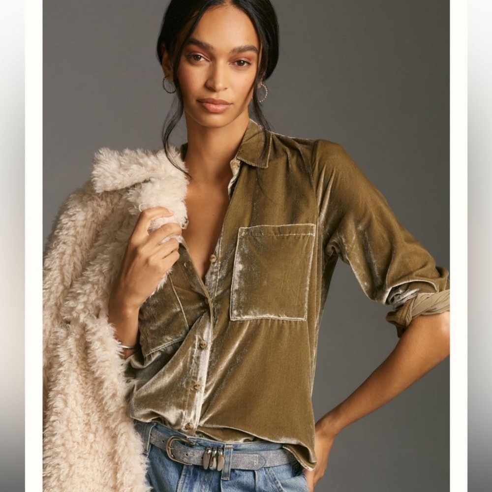 Anthropologie Pilcro Hadley Velvet Relaxed Buttondown Shirt Moss Green Medium